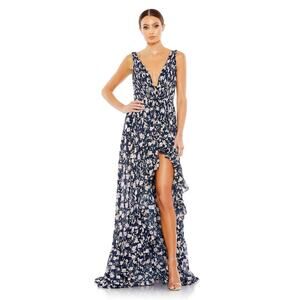 Mac Duggal Navy Multi Floral Sleeveless 50659 Dress 8 Prom Homecoming Vneck